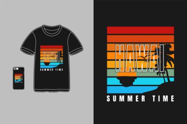 Hawaii yaz zamanı, tişört tipografi metin hindistan cevizi ağacı