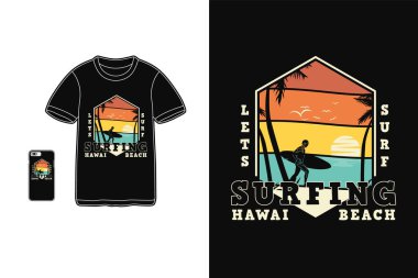 Hawaii sahilinde sörf, gömlek tasarımı silüet retro tarzı