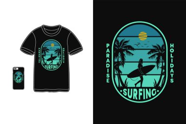 Cennet tatili sörfü, gömlek tasarımı silüet retro tarzı