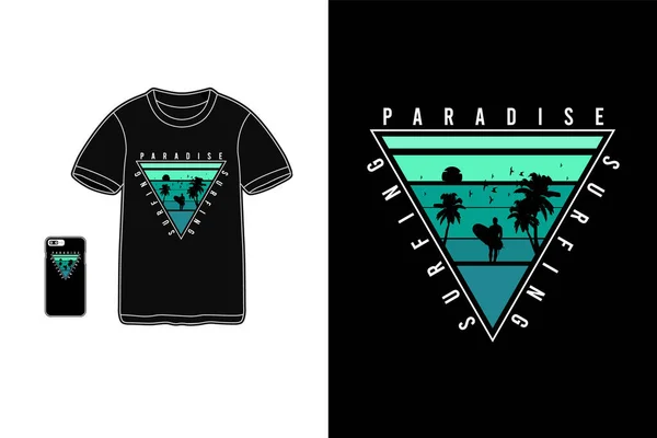 サーフィンの楽園 Tシャツ商品シルエットモックアップタイポグラフィ — ストックベクタ