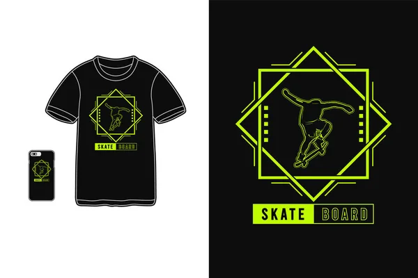 Skateboard Shirt Merchandise Silhouette Urban Style Mockup Typography — Stock Vector