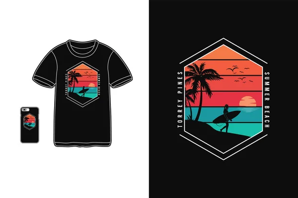 トーリー松夏のビーチ Tシャツ商品シルエットレトロスタイル — ストックベクタ