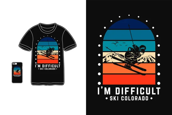 Soy Difícil Esquí Colorado Camiseta Diseño Silueta Estilo Retro — Vector de stock