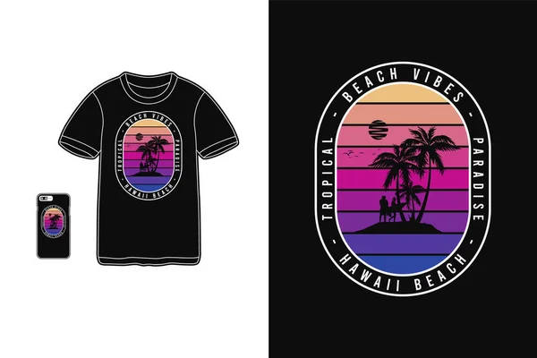 ハワイビーチトロピカルパラダイスビーチビブ Tシャツデザインシルエットレトロスタイル — ストックベクタ