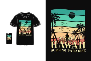 Aloha Hawaii Sörf Cenneti, gömlek tasarımı silüet retro tarzı