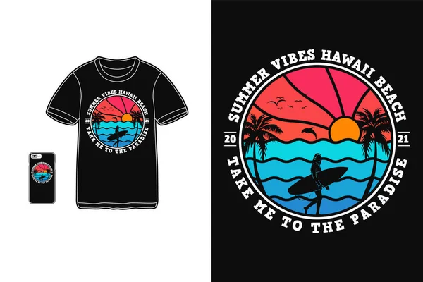 夏の波ハワイビーチ Tシャツデザインシルエットレトロスタイル — ストックベクタ