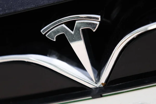 Tesla Företagets Logotyp Bil — Stockfoto
