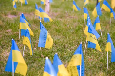 POLTAVA, UKRAINE - 29 Ağustos 2023 Ukrayna ulusal bayrakları Ukrayna-Rusya savaşında şehit düşen Ukrayna askerlerine bir övgü olarak