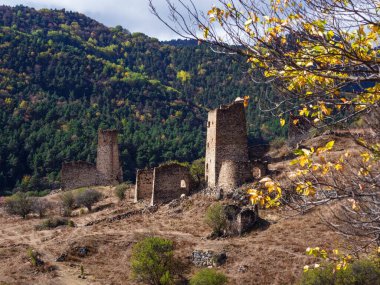 Ortaçağ Kulesi kompleksi Egical. Rusya 'nın Ingushetia kentindeki dağ sırasının sınırlarında bulunan ortaçağ şatosu tipi köylerden biri.. 
