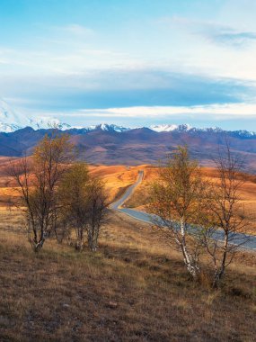 Beautiful asphalt freeway. Vertical view of a road stretching into the distance through the picturesque autumn hills. Winding asphalted road stretches into the distance to the snow-capped mountains.