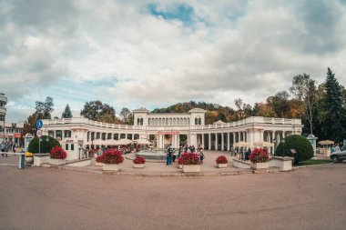 KISLOVODSK, RUSSIA - October, 2022: Kislovodsk resort town. Colonnade at the entrance to the park. Kislovodsk is spa city in Caucasian Mineral Waters region of Stavropol Krai. 
