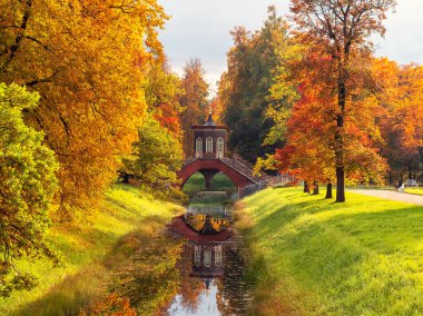 The Cross Bridge in autumn. Golden autumn in Catherine Park, Tsarskoye Selo. Old city park with bright autumn golden maples on a sunny day. 