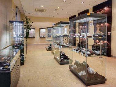 Gorno-Altaysk, Rusya - Ekim, 07, 2023: Ulusal Müze A.V. Anokhin. Altai mineralli sergi. Çeşitli kaya ve minerallerle dolu cam raflar. Tarihi ve etnoğrafya müzesi 