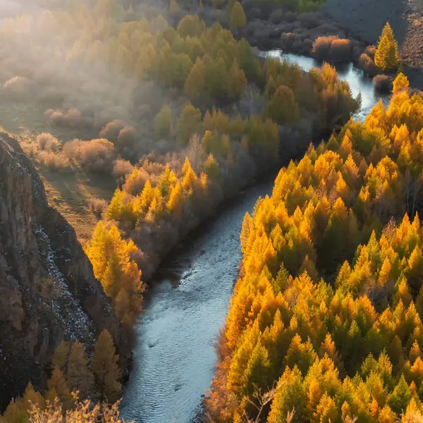 Soft focus. Mountain sunny forest and winding blue river in sunny beams. Autumn tourism concept and mountain forest nature scenery. Aerial square view.