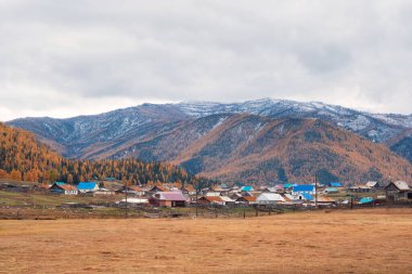 Altai dağlarındaki bir köyün önündeki sonbahar tarlası. Dağın altında küçük bir köy. Rusya 'nın Belyashi köyünde karlı ve sisli bir sabahın altın sonbahar manzarası