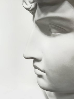 Gypsum profile Antinous. Nose, mouth, eye on a light gray background, side view. Close-up of a humanoid face. Grey abstract male nose. Vertical view. clipart