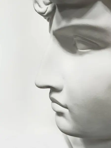 stock image Gypsum profile Antinous. Nose, mouth, eye on a light gray background, side view. Close-up of a humanoid face. Grey abstract male nose. Vertical view.