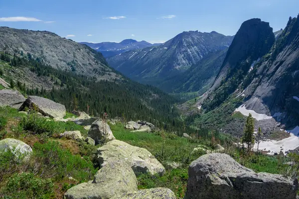 Mountain alpine woodland. Siberian nature of the Western Sayans. Huge granite boulders in the foreground. Sunny impressive Wild nature forest bright background.