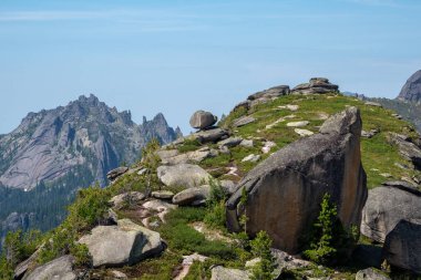 Büyük dengeleyici taş, doğal bir fenomen. Uçurumun kenarına büyük bir kaya düştü. Duvarlar, ekranlar, sanat eserleri için mükemmel bir yaz görüntüsü..