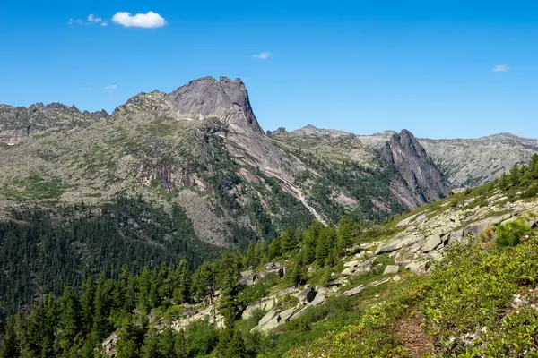 Sivri bir uçurum, sisli bir dağ yamacı. Hayalet kayalar. Sisli bir sabahta büyük çatlamış sivri uçlu taşlarla muhteşem manzaralı bir dağ manzarası. Keskin kayaların arka planı. Batı Sayanlar