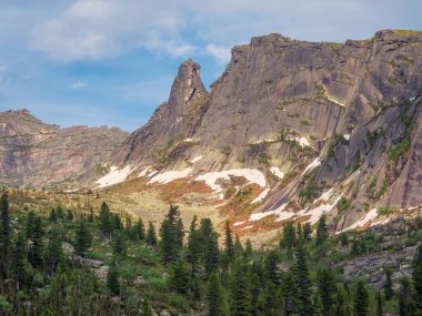 Tırtıklı tepeleri olan yüksek dağlar. Dağ vadisi, Sibirya 'nın kayıp dünyası. Yüksek kayalıkların dibindeki kozalaklı orman. İskoçya 'nın güneşli manzarası.