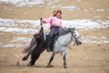 Ulgii, Moğolistan - 01 Ekim 2023: Kuzey Moğolistan. Geleneksel güreş maçını kazandıktan sonra kartal avcısı. Halk eğlencesi, oyuncak keçiyi at sırtında çekmek için yapılan bir yarışmadır..