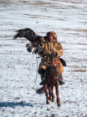 Ulgii, Moğolistan - 30 Eylül 2023: bir dağın tepesinde at üstünde altın kartal taşıyan Moğol avcısı. Kartal avcıları Moğolistan 'da altın kartallarla eğitip avlanan bireylerdir.