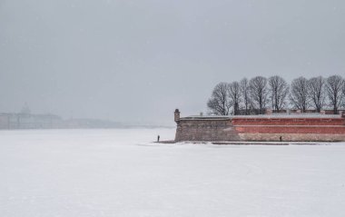 Güzel bir panoramik bahar şehri. Kar yağışı var. Kışın Peter ve Paul Kalesi 'nin zıt manzarası. Saint-Petersburg 'da. Rusya.