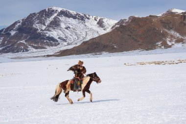 Ulgii, Moğolistan - 30 Eylül 2023: Genç Moğol avcı, beyaz, güneşli bir arka planda avlanmak için kartalını serbest bırakarak at sürüyor..