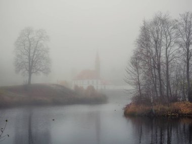 Yumuşak odaklanma. Şafaktan önce mistik bir sis var. Sonbahar sisli kalede. Yapraksız ağaçlar ve eski saraylı sonbahar sisli sabah manzarası. Gatchina. Rusya