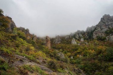 Dağda sisli bir manzara. Kırım Yarımadası 'ndaki Hayalet Vadisi. Sis içindeki kayalar. Kasvetli hava. Karanlık ve soğuk. Büyülü manzara. Panoramik görünüm.