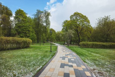 Park sokağında dekoratif fayans kaldırımı. Geleceğin Botanik Bahçesi Metro İstasyonu 'nun parkı..