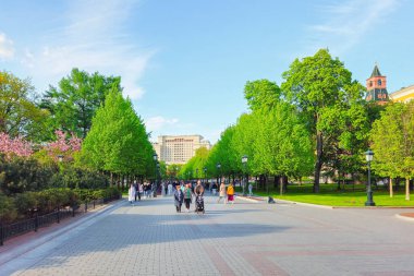 Moskova, Rusya - Mayıs 04, 2024: Moskova 'daki İskender bahçesinde insanlar yürürken. İlkbahar. Moskova 'da güzel bir bahar güneşli günü. Gerçek şehir hayatı.