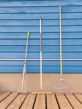 Gölgeli mavi ahşap duvarın yanında üç farklı bahçe tırmığı. Dikey görünüm. Boşluğu kopyala. 