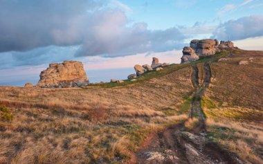 Zirveye giden toprak yol. Yuzhnaya Demerdzhi Dağı Kırım. Kırım Yarımadası 'nda kaya oluşumu.