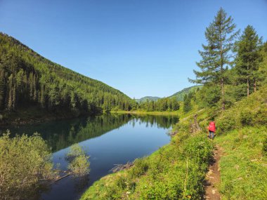 Orman yamacı ve dağ gölü boyunca yürüyüş yolu. Sırt çantalı adam dağ yamacında patika boyunca gidiyor. yemyeşil alp bitkisi
