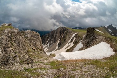 Dağların eteklerinde kayan karların panoramik manzarası, Terektinsky tepesinin yaz manzarası. Altai. Duvar ve ekran için mükemmel yaz resmi.