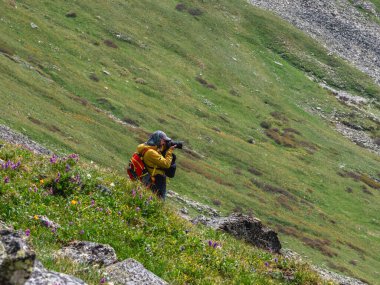 Vahşi yaşam fotoğrafçısı, yüksek dağlarda kamerasıyla manzara çekiyor. Yokuşta fotoğrafçı. Yaz vadisinin çarpıcı manzarası. 
