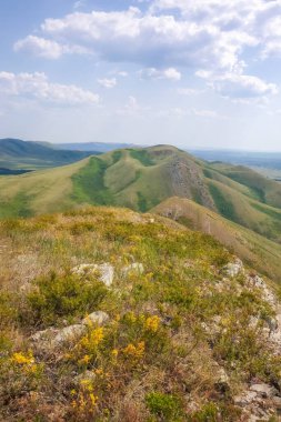 Yeşil çimenlerin arasında kayalık arazisi olan kayalık bir dağın dikey görüntüsü. Karamuruntau tepesi, Orenburg bölgesi..