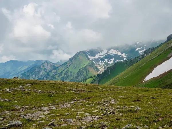 Yeşil çimenlerin arasına dağılmış kayalık bir dağ..