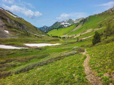 Yürüyüş yolu. Resimli bir dağ vadisinde yeşil bir yamaç boyunca uzanan patika. Uzak dev dağların muhteşem manzarası. Terektinsky tepesi, Altai.