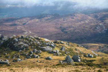 Bare mountains and numerous granite boulders make up the landscape of the Xistral Mountain Range in Abadin Lugo Galicia