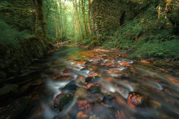 Stock image Reddish boulders in a river bed next to an old ruined bridge in Courel Mountains Unesco Geopark in Folgoso and Seoane Lugo Galicia