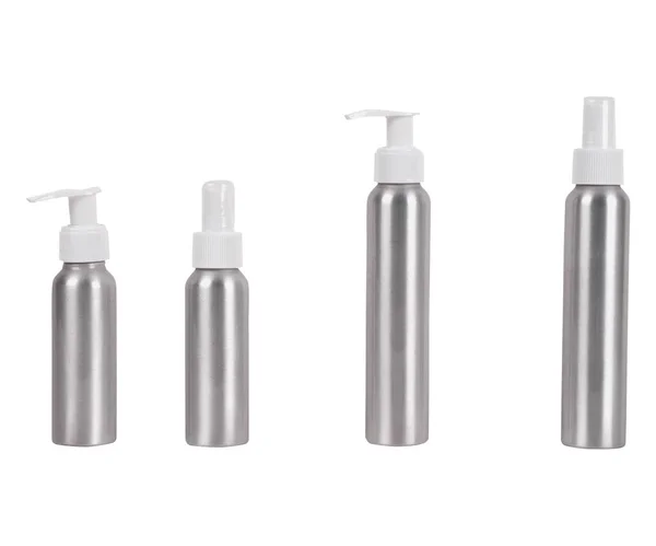 Botellas Aluminio Color Plata Con Tapa Para Spa Cosmetologia —  Fotos de Stock
