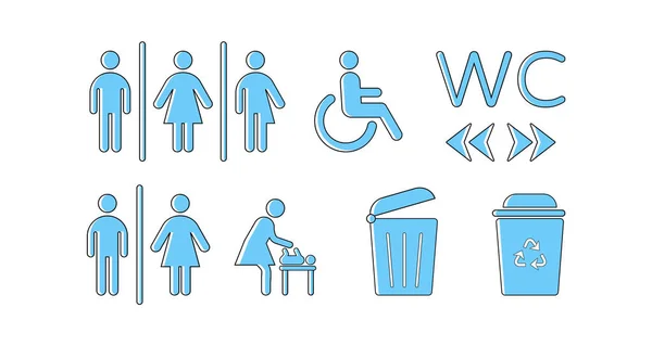 Tuvalet hattı simgesi seti. Erkekler ve kadınlar tuvaleti. Erkek, kadın, bütün cinsiyetler ve engelliler için vektör düz simge. Bebekli anne için oda. Sol ve sağ oklar. Sigara içmek yok. Çöp tenekesi ve çöp kovası..