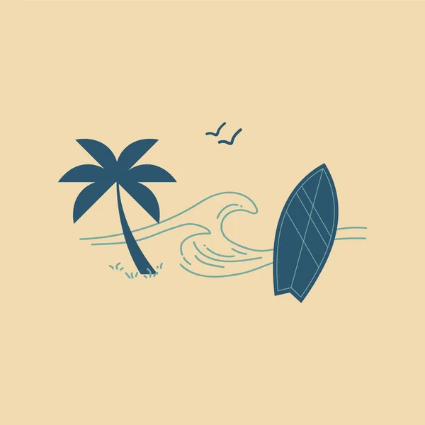 El çizimi yaz tatili seyahat vektör çizimi plajda sörf tahtası, kuşlar, okyanus dalgaları ve bej arka planda palmiye ağacı.