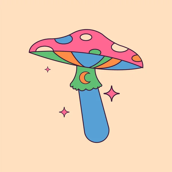 Vektör Mantar Simgesi. Ay ve Yıldızların Bej Arkaplanda Olduğu Harika Çizgi Film Vintage Fly Agaric. Hippi Moda Estetik Tasarımı, Geometrik. Retro Biçimi 70 'ler, 80' ler.