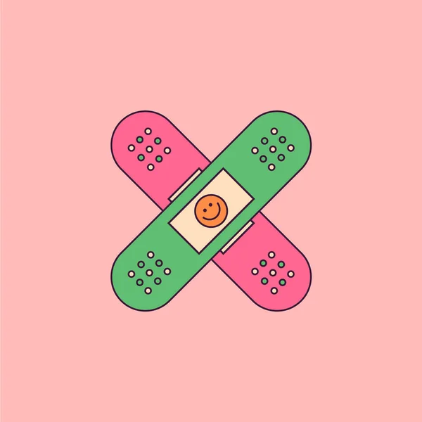 Sargı Simgesi. Bej arka planda Gülümseyen ve Çiçekli Klasik Çizgi Film Bantları. Hippi Moda Estetik Tasarımı, Geometrik. Retro Biçimi 70 'ler, 80' ler.