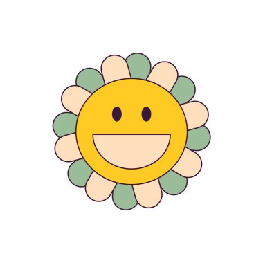 Vector Groovy Çizgi Filmi Gülümseyen Çiçek ve Felçli Beyaz Arkaplan. Hippi Moda Estetik Tasarımı, Geometrik. Retro Biçimi 70 'ler, 80' ler.