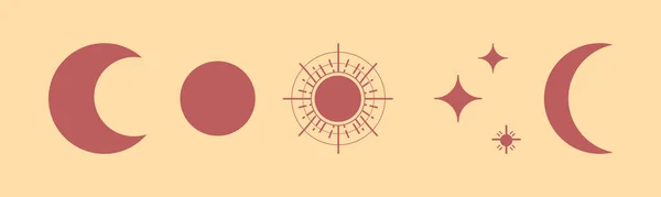 Esrarengiz Boho Sembolleri elementleri. Bej Arkaplanda Sade Ay, Güneş ve Yıldızlar.